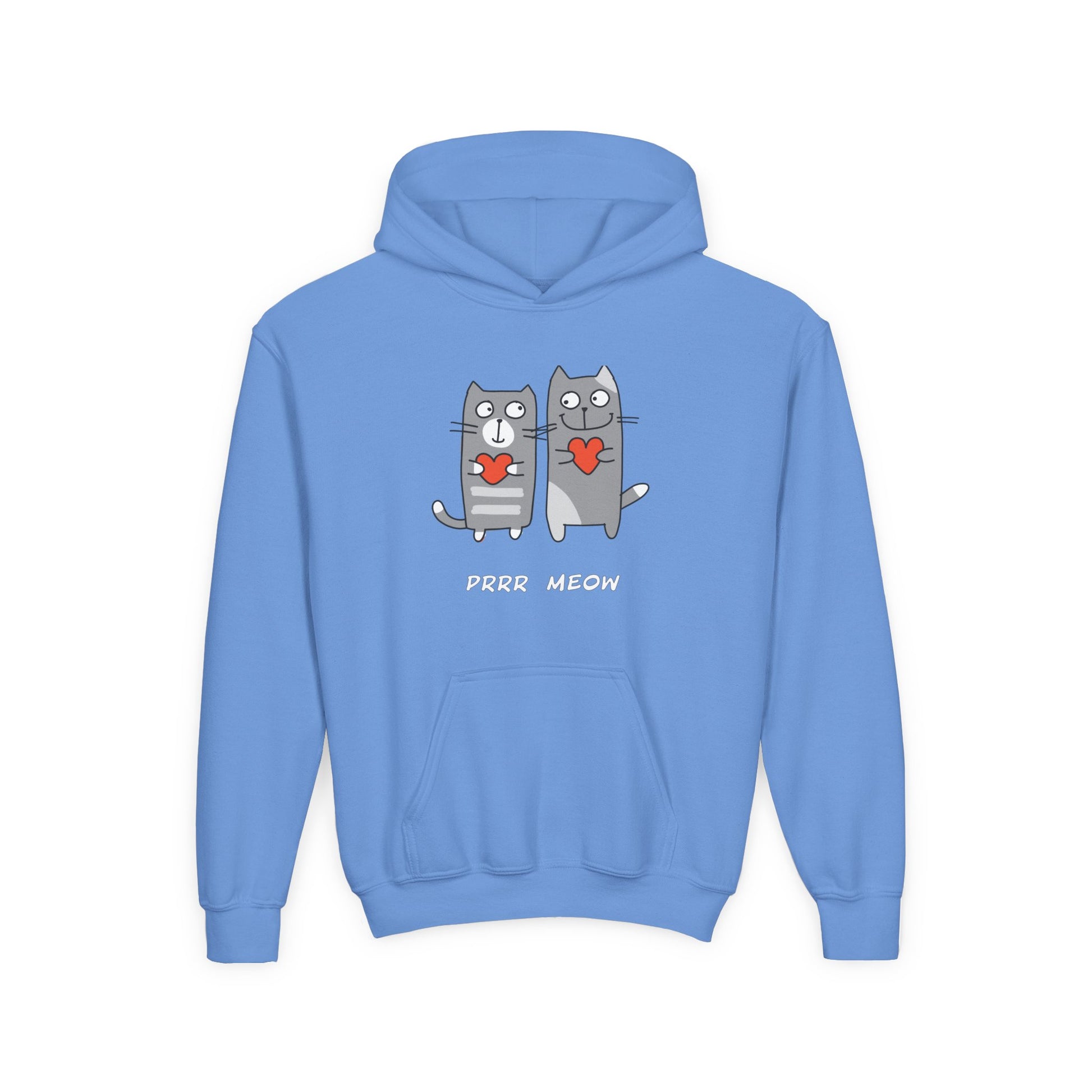 Light blue happy cat graphic hoodie for children with two gray cats holding red hearts and text PRRR MEOW