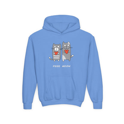 Light blue happy cat graphic hoodie for children with two gray cats holding red hearts and text PRRR MEOW