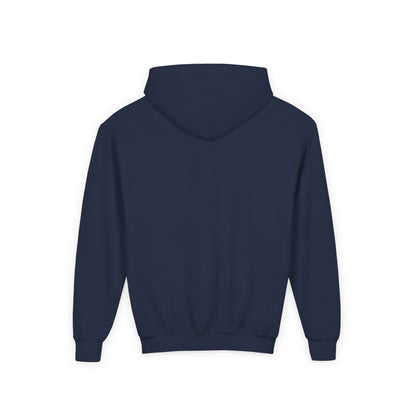 Back view of navy blue happy cat graphic hoodie for children by Printify with long sleeves and hood