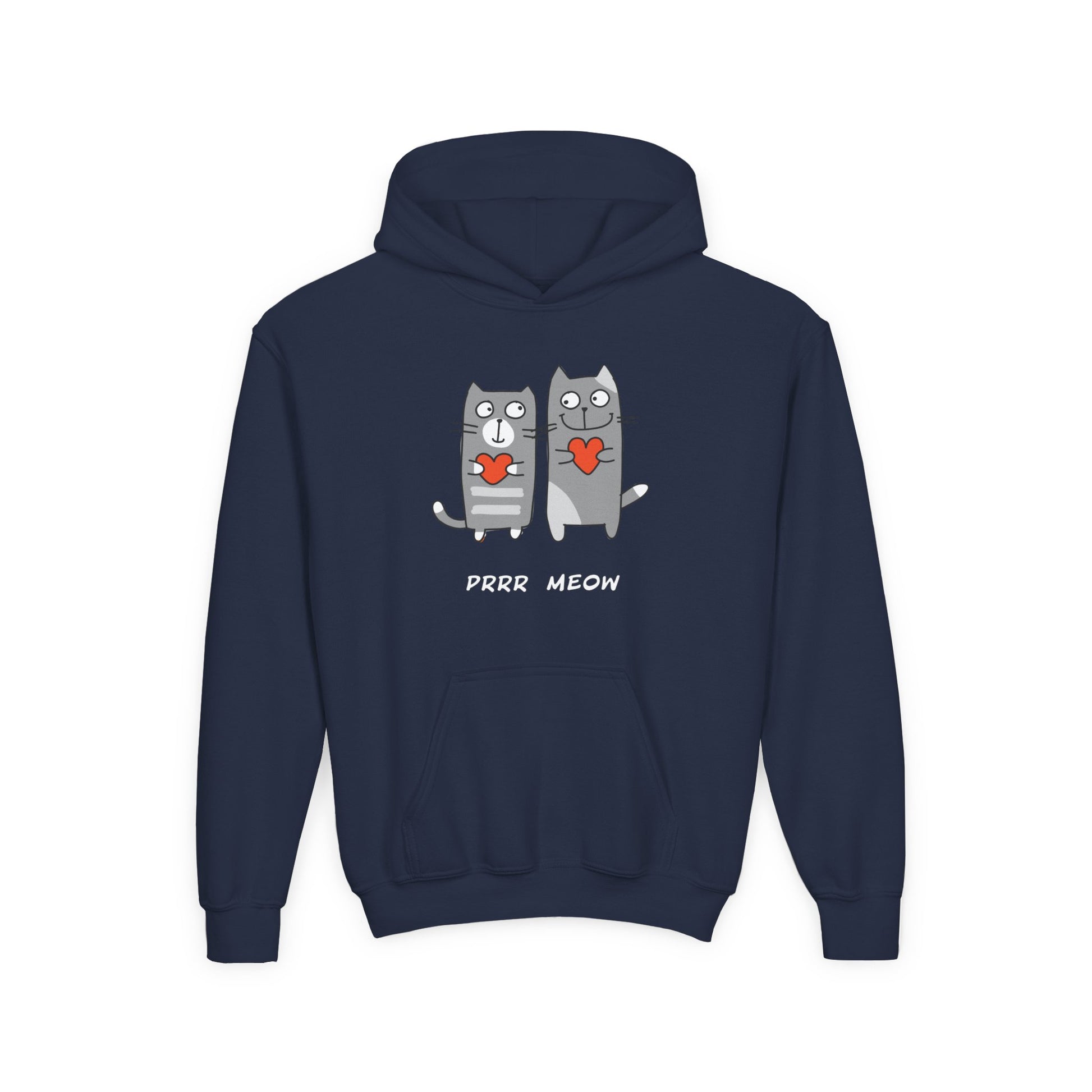 Navy kids hoodie featuring a happy cat graphic hoodie for children with two gray cats holding red hearts