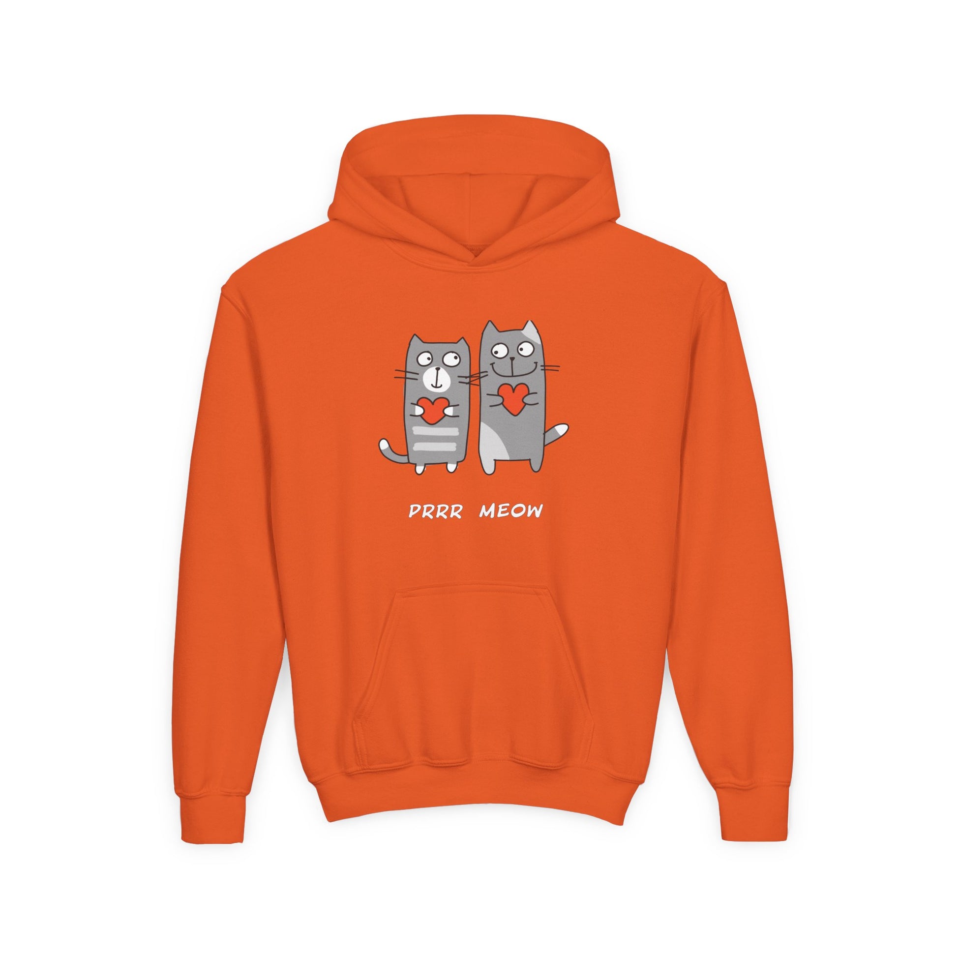 Orange happy cat graphic hoodie for children with two gray cats holding red hearts from Printify