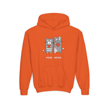 Orange happy cat graphic hoodie for children with two gray cats holding red hearts from Printify