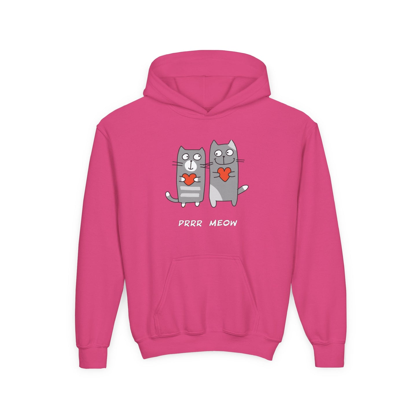 Pink happy cat graphic hoodie for children with two gray cats holding red hearts and purr meow text