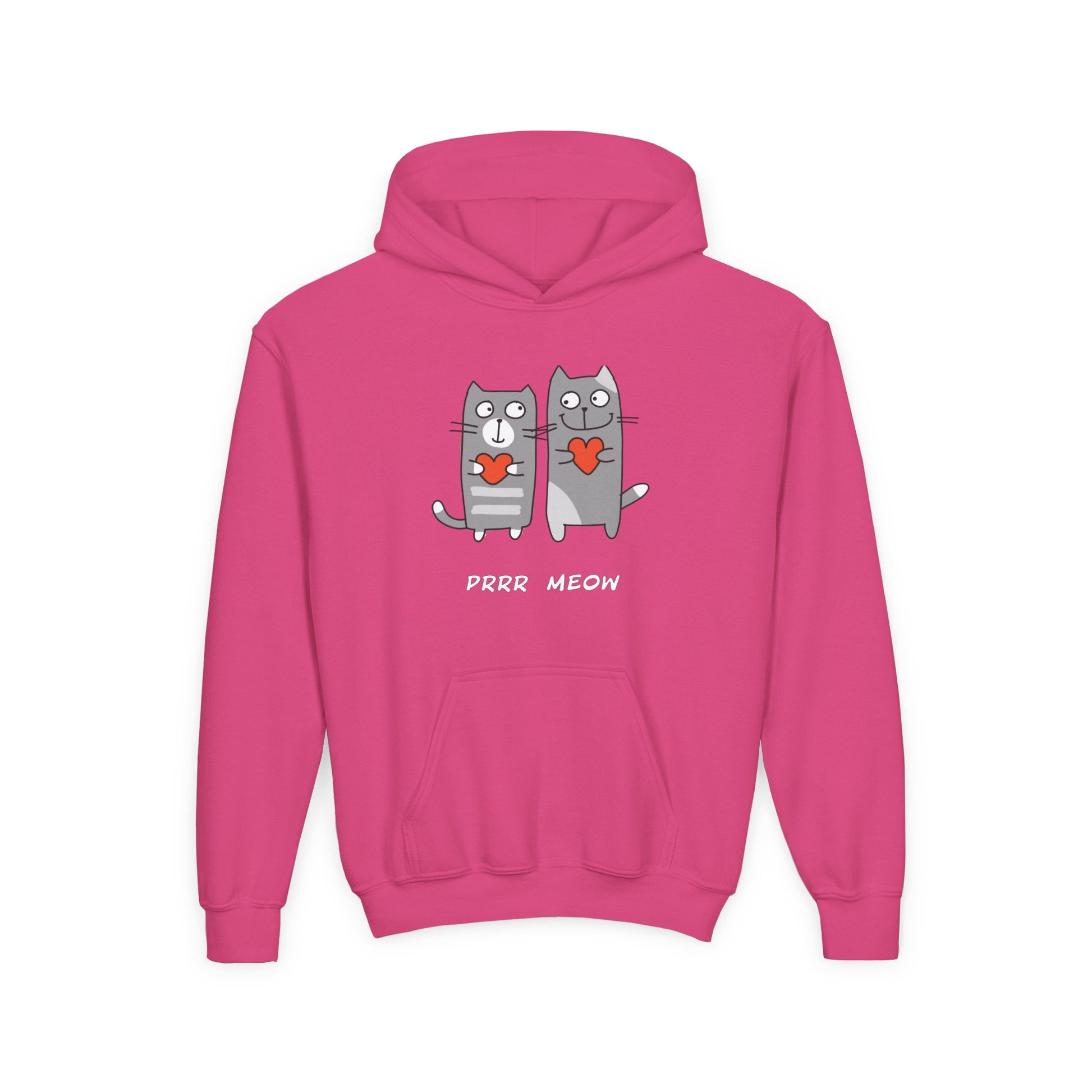 Pink happy cat graphic hoodie for children with two gray cats holding red hearts and purr meow text