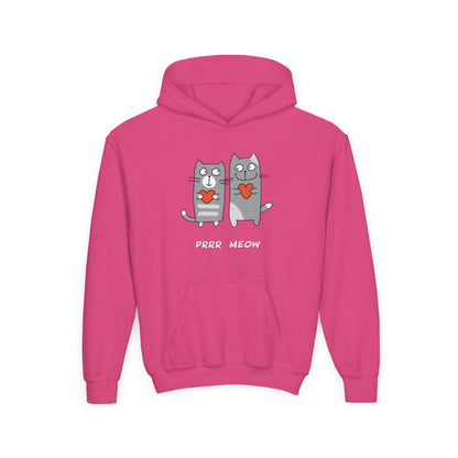 Pink happy cat graphic hoodie for children with two gray cats holding red hearts and purr meow text