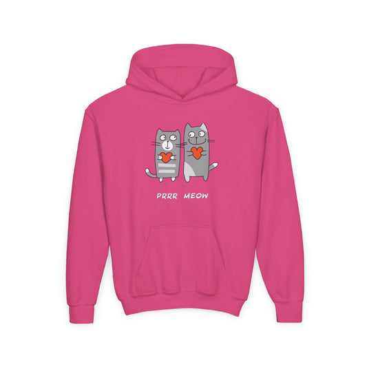 Pink happy cat graphic hoodie for children with two gray cats holding red hearts and purr meow text