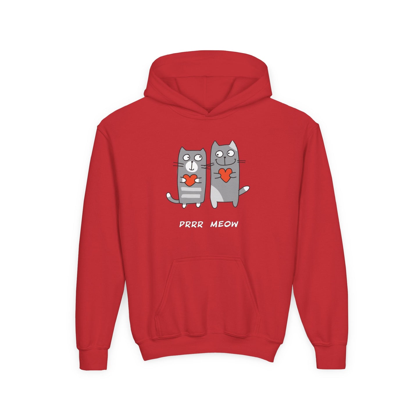 Red happy cat graphic hoodie for children with two gray cats holding hearts and prrr meow text