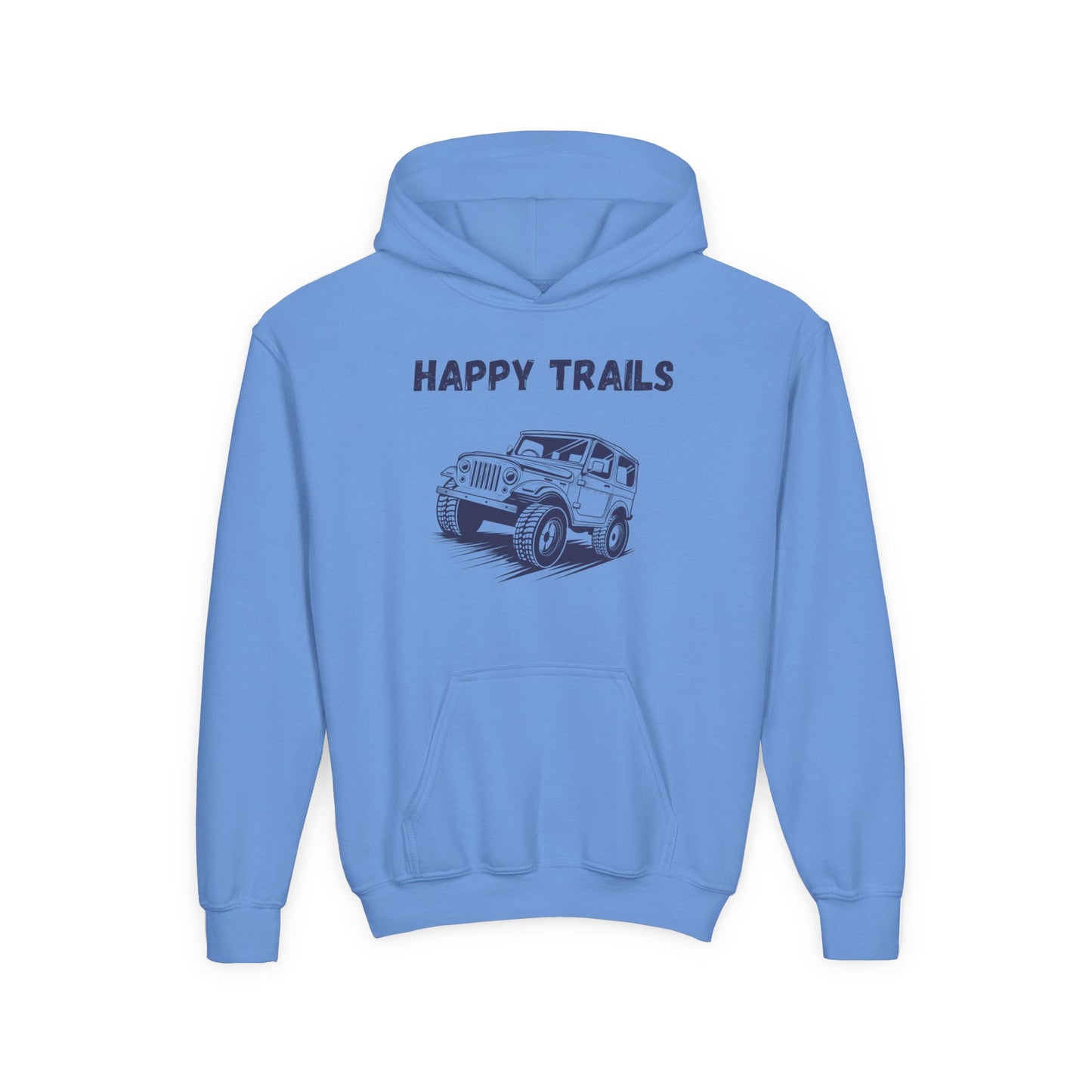 Blue kids happy trails sweatshirt with a Jeep graphic and front pocket from Printify