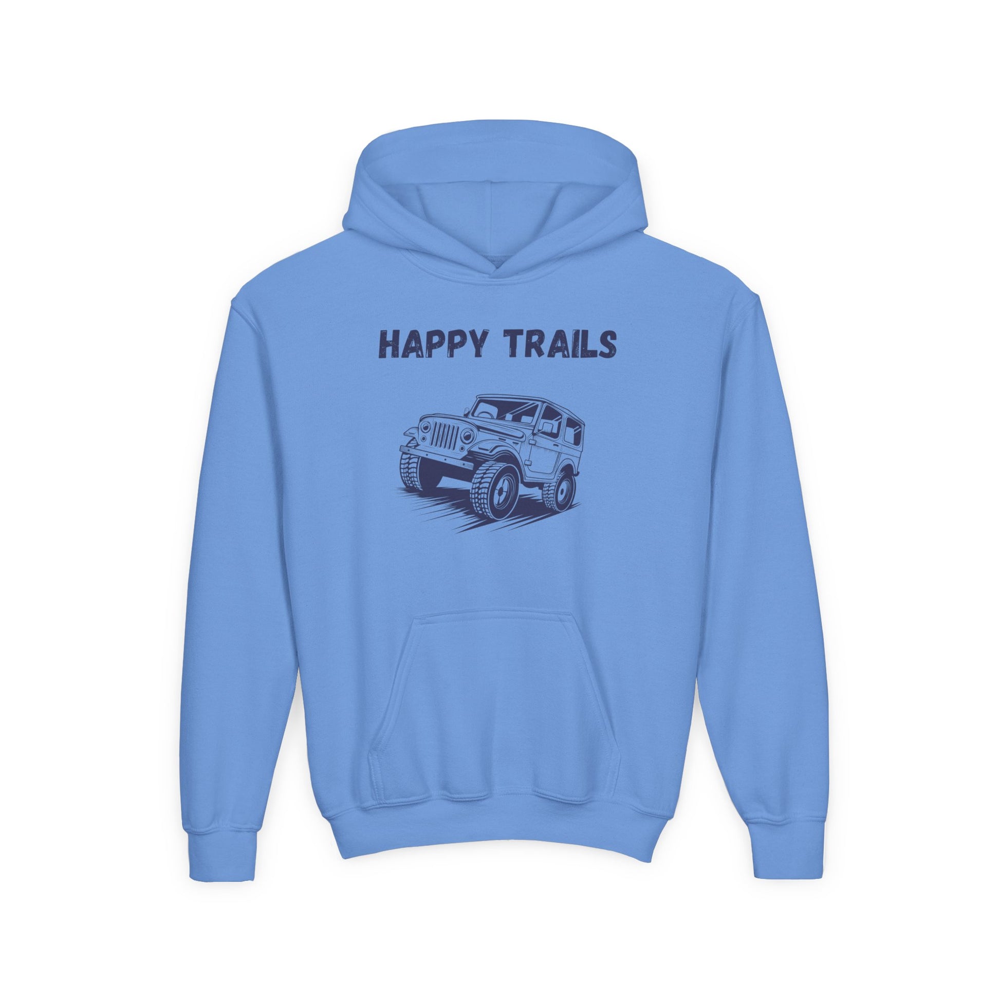 Blue kids happy trails sweatshirt with a Jeep graphic and front pocket from Printify