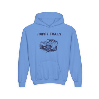 Blue kids happy trails sweatshirt with a Jeep graphic and front pocket from Printify