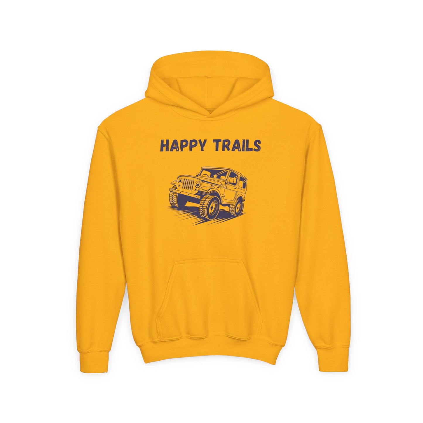 Yellow kids happy trails sweatshirt with blue vintage jeep graphic and front pocket hoodie