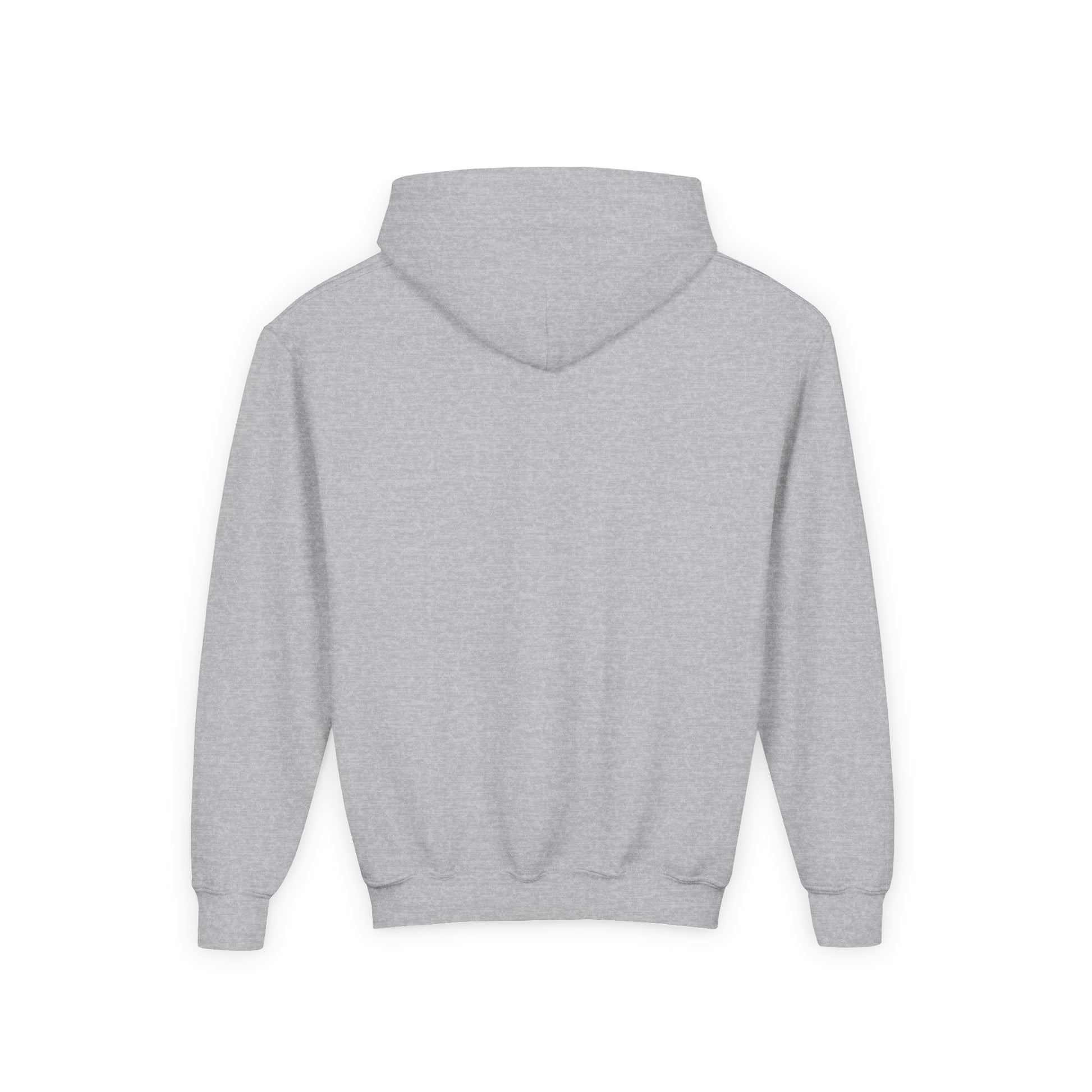 Back view of gray kids happy trails sweatshirt by Printify with hood and ribbed cuffs