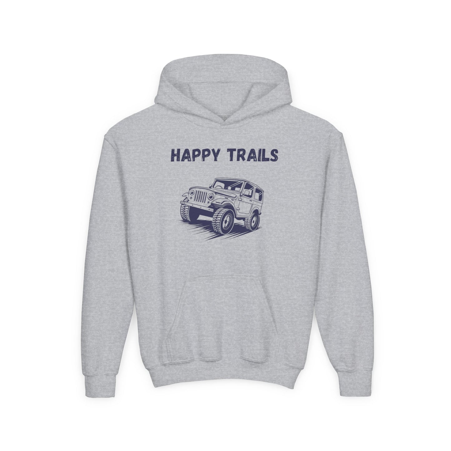 Gray kids happy trails sweatshirt with vintage jeep graphic and front pocket by Printify