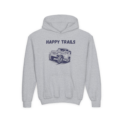 Gray kids happy trails sweatshirt with vintage jeep graphic and front pocket by Printify