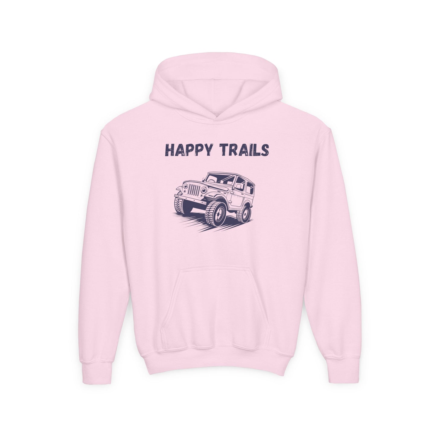 Pink kids happy trails sweatshirt with hood and a graphic of an off-road vehicle printed on front