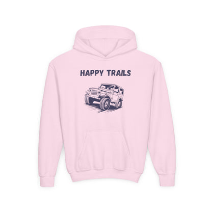 Pink kids happy trails sweatshirt with hood and a graphic of an off-road vehicle printed on front