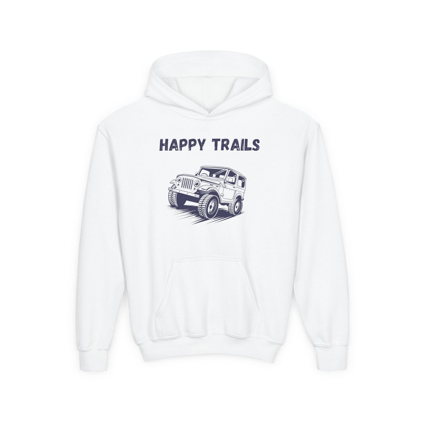 White kids happy trails sweatshirt with a black jeep graphic and front pocket by Printify