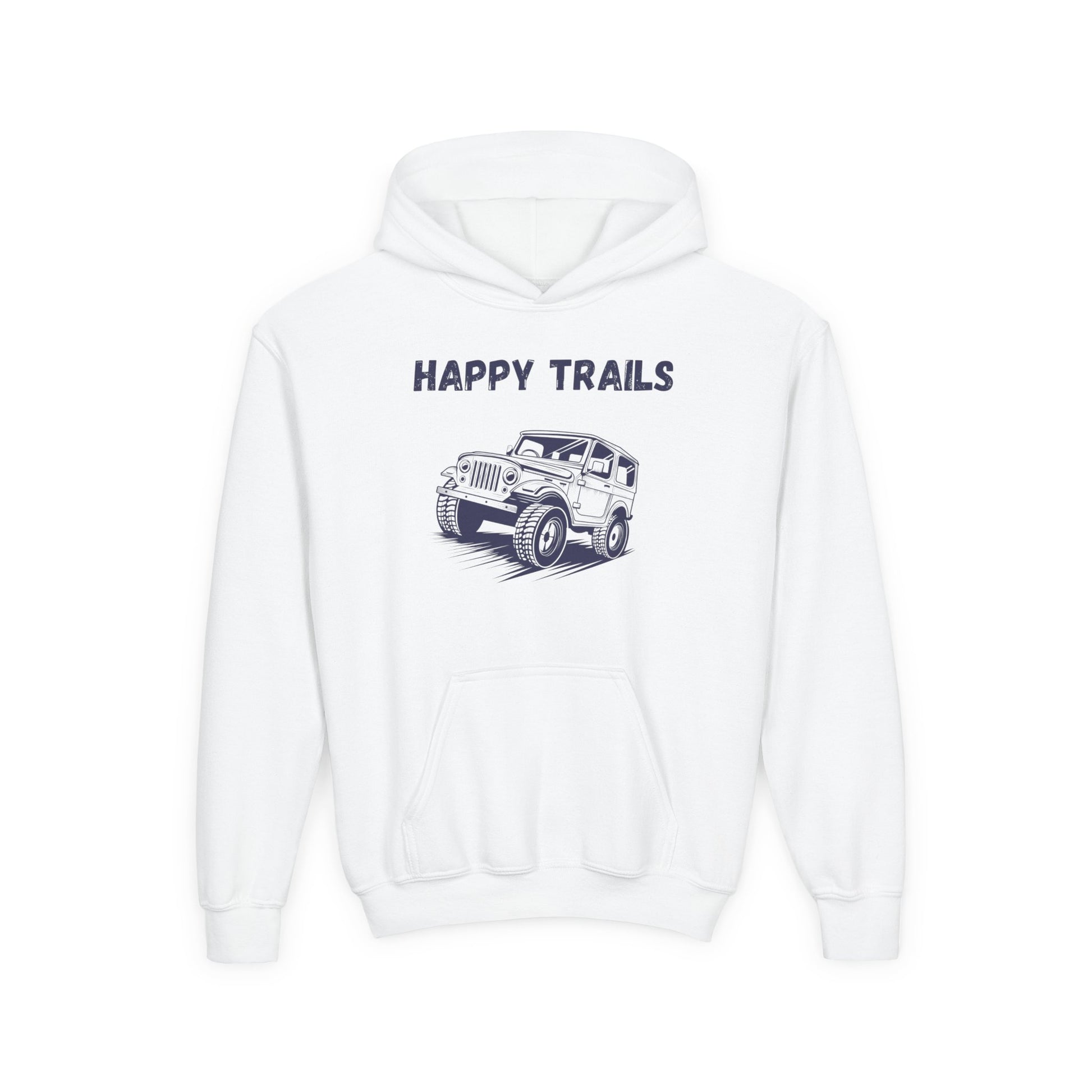 White kids happy trails sweatshirt with a black jeep graphic and front pocket by Printify