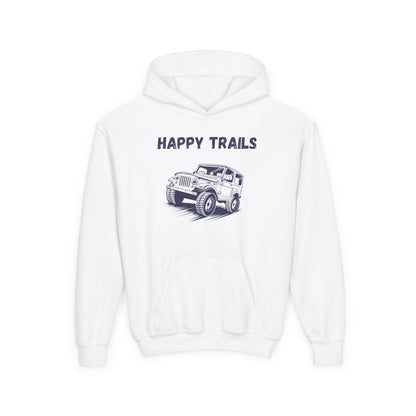White kids happy trails sweatshirt with a black jeep graphic and front pocket by Printify