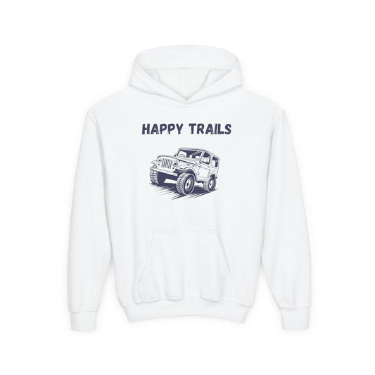 White kids happy trails sweatshirt with a black jeep graphic and front pocket by Printify