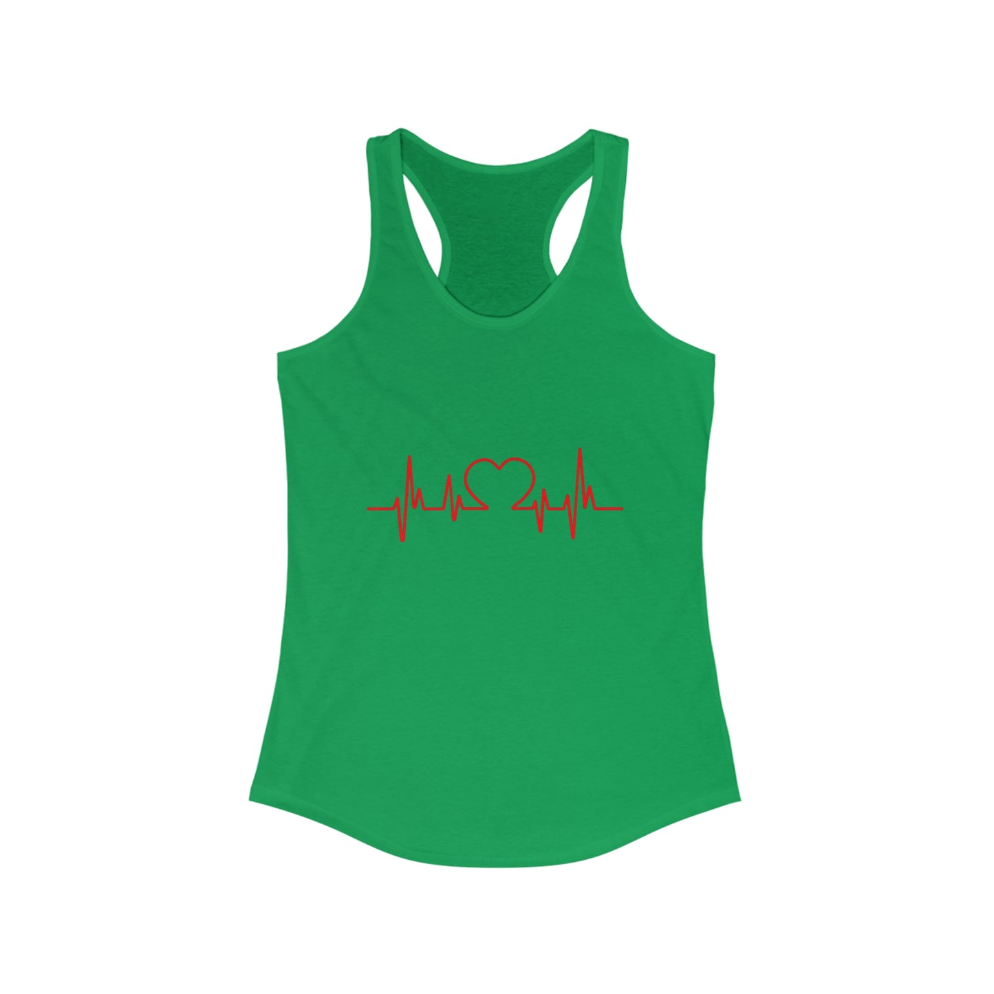 Green Printify heart tank with red heartbeat and heart graphic on front sleeveless racerback top