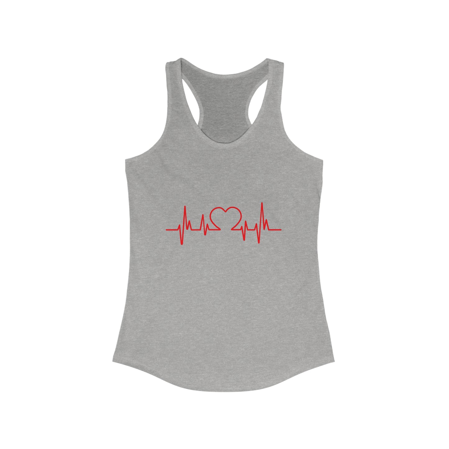 Gray Printify heart tank with red heartbeat line and heart graphic on front