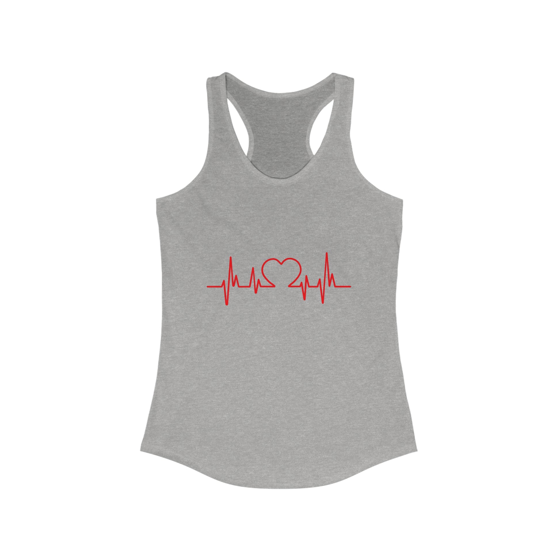 Gray Printify heart tank with red heartbeat line and heart graphic on front