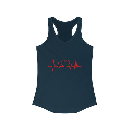 Navy blue heart tank top with red heartbeat and heart design on front by Printify