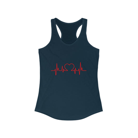 Navy blue heart tank top with red heartbeat and heart design on front by Printify