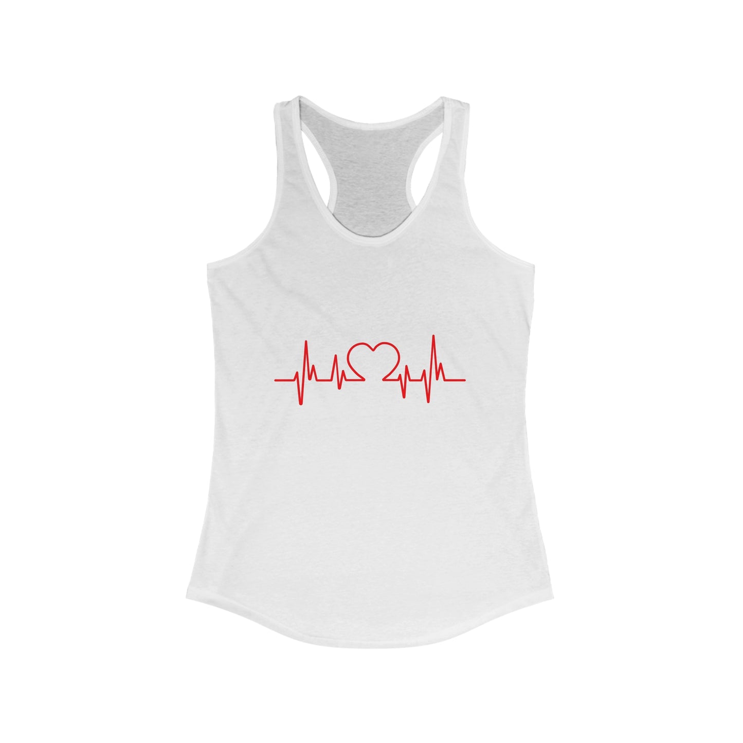 White Printify heart tank with red heartbeat and heart graphic on front sleeveless design
