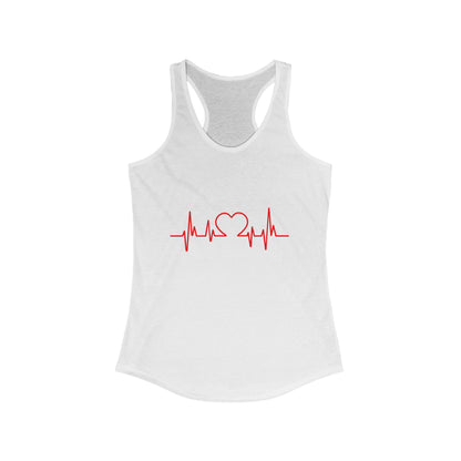 White Printify heart tank with red heartbeat and heart graphic on front sleeveless design