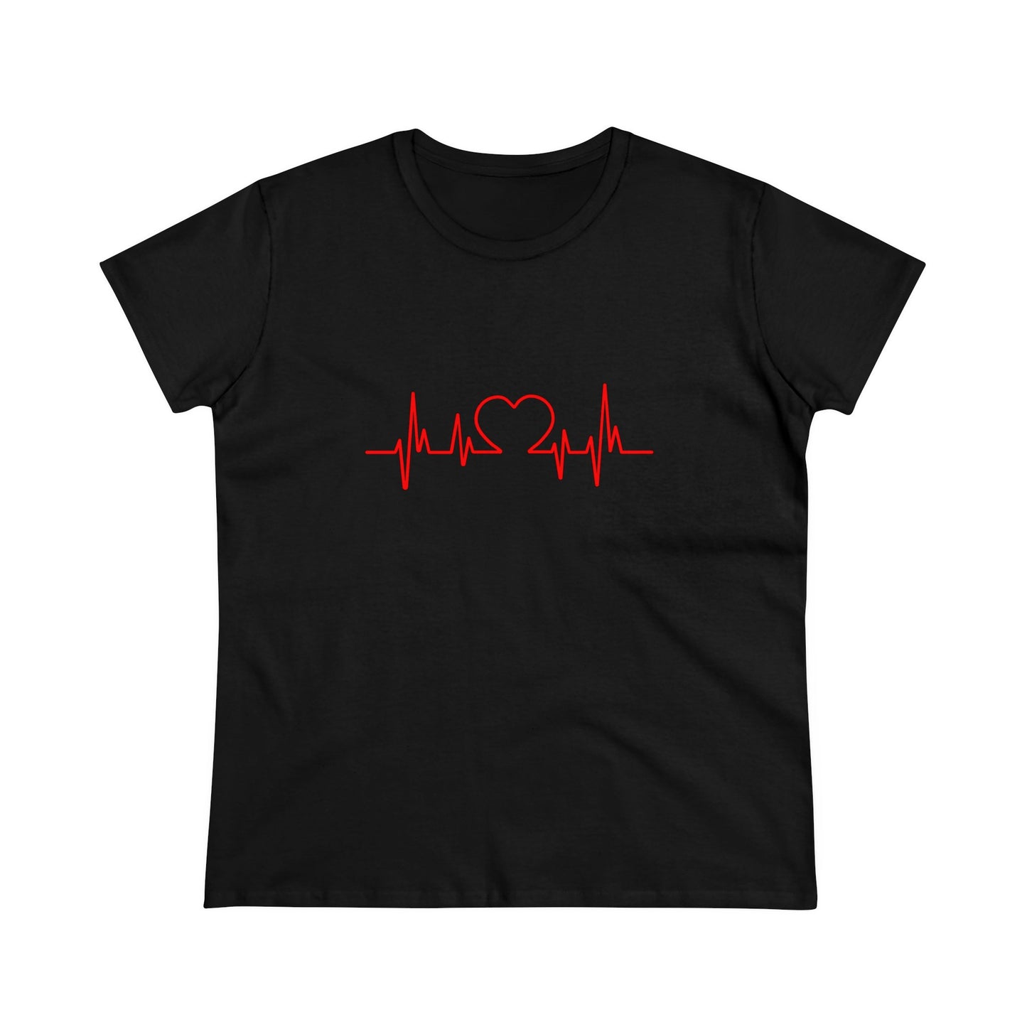 Black Printify heartbeat graphic t-shirt with red heartbeat and heart design on front
