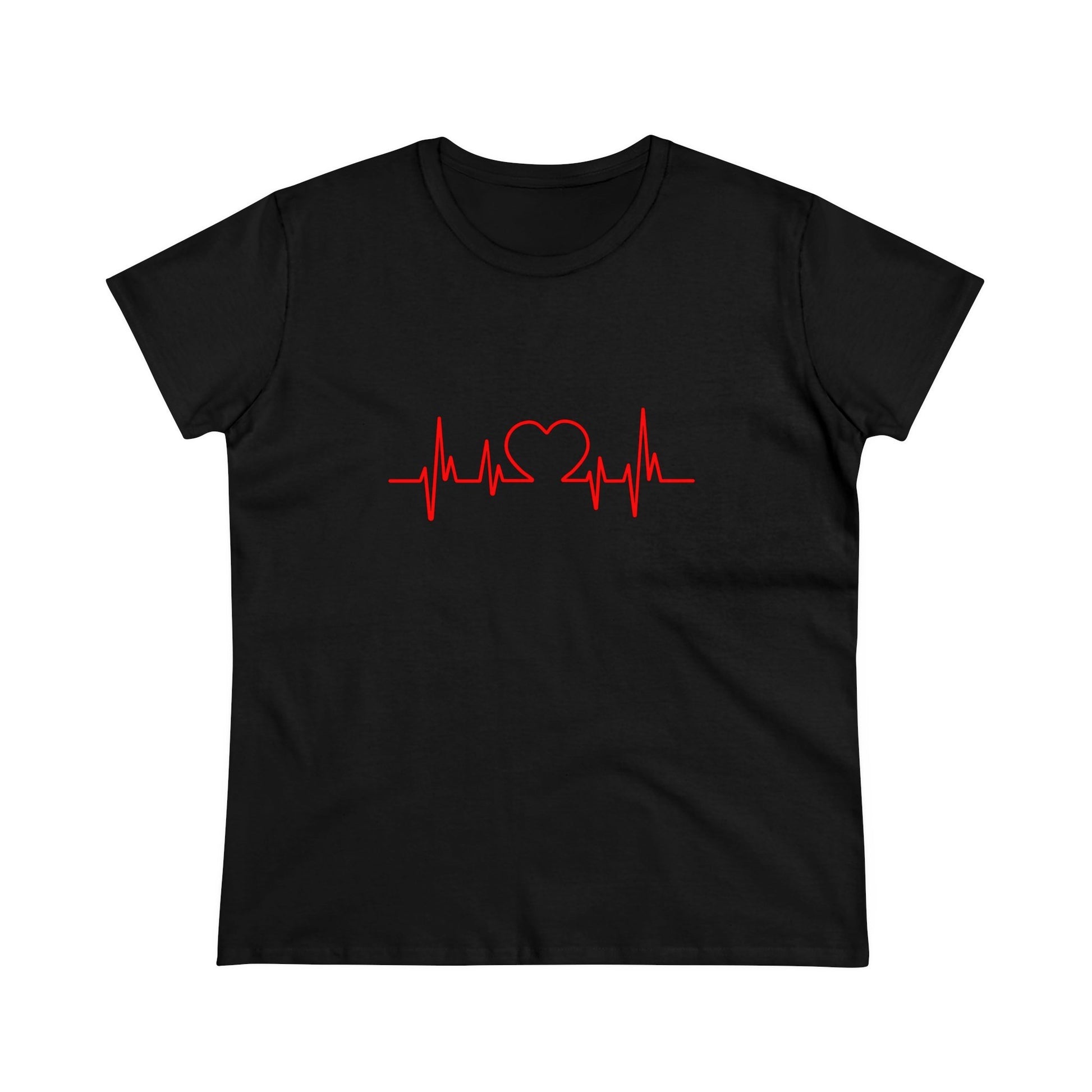 Black Printify heartbeat graphic t-shirt with red heartbeat and heart design on front