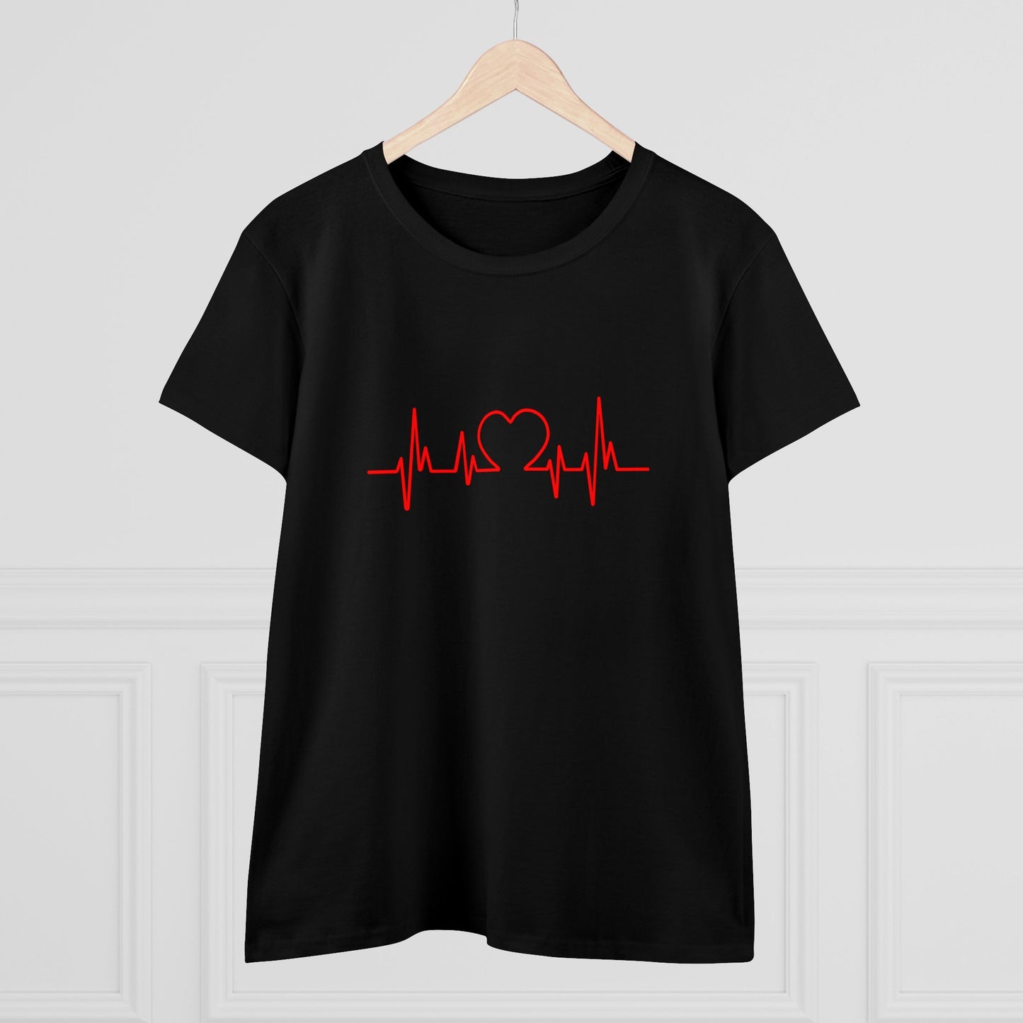 Black Printify heartbeat graphic t-shirt with red heart and pulse line design on front