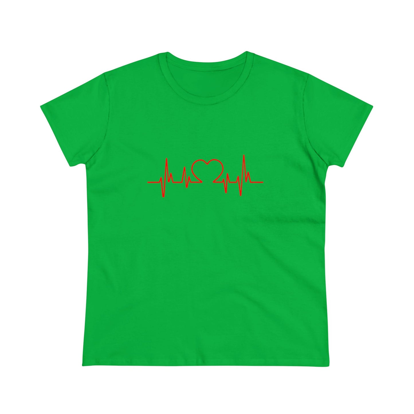 Green Printify t-shirt with red heartbeat graphic t-shirt design featuring a heart and pulse line