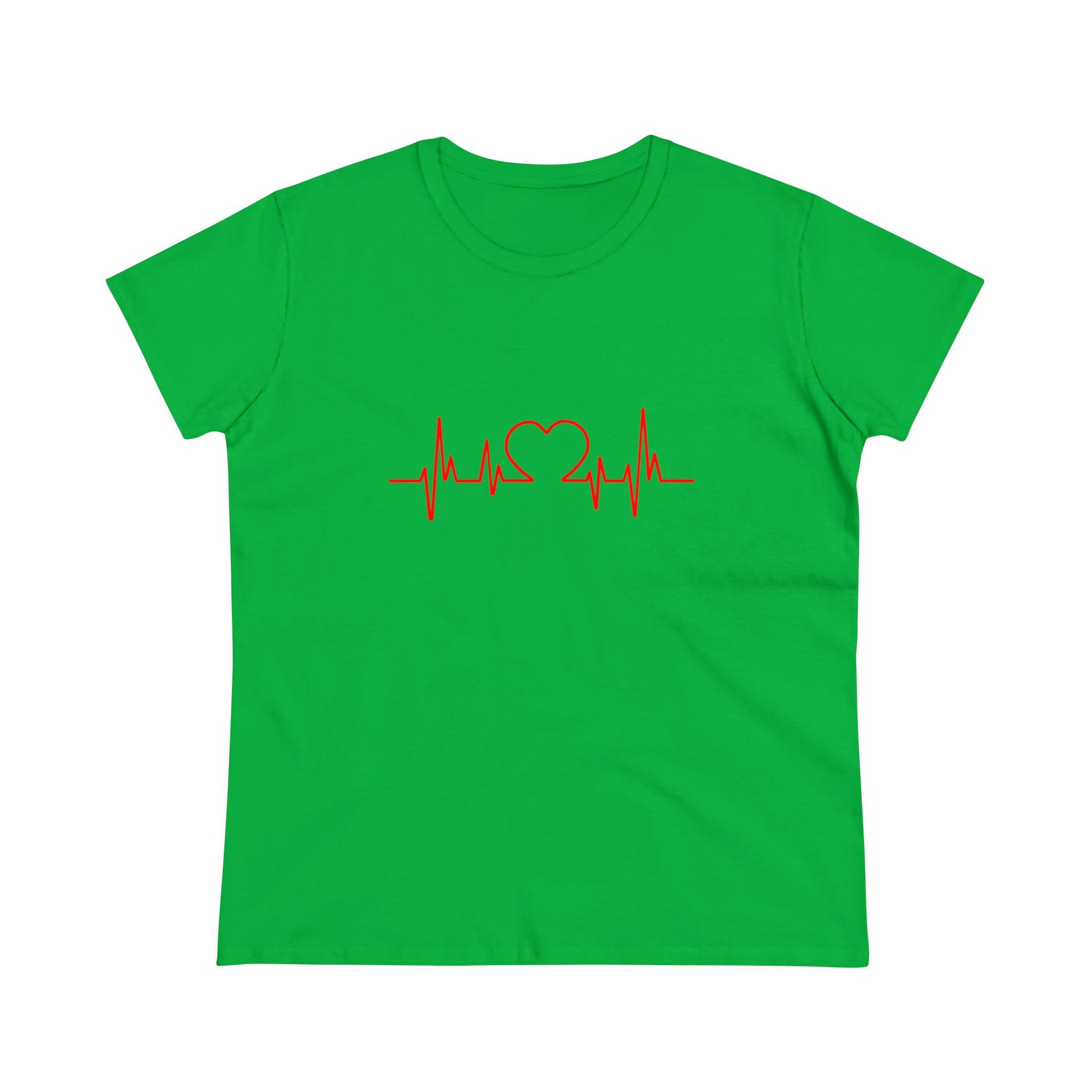 Green Printify t-shirt with red heartbeat graphic t-shirt design featuring a heart and pulse line