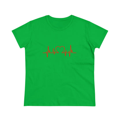 Green Printify t-shirt with red heartbeat graphic t-shirt design featuring a heart and pulse line