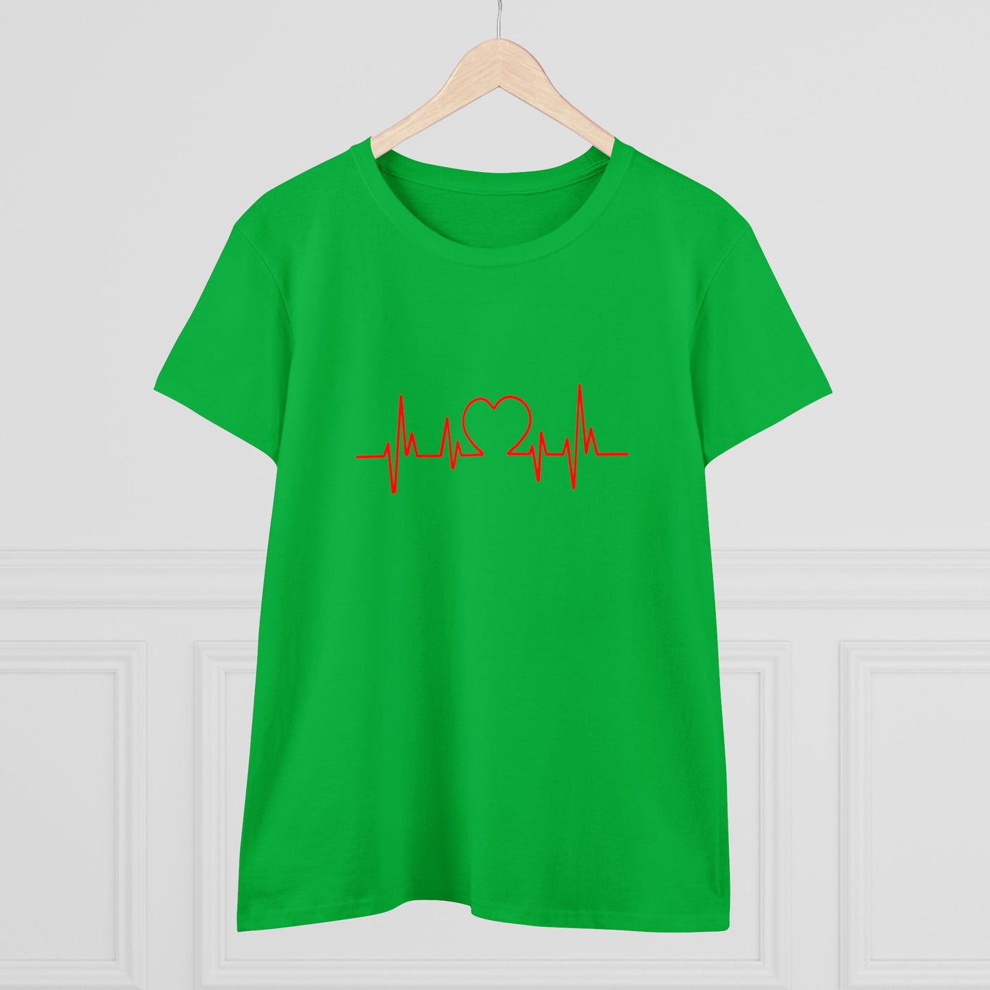 Green Printify t-shirt with red heartbeat graphic t-shirt design featuring a heart in the center
