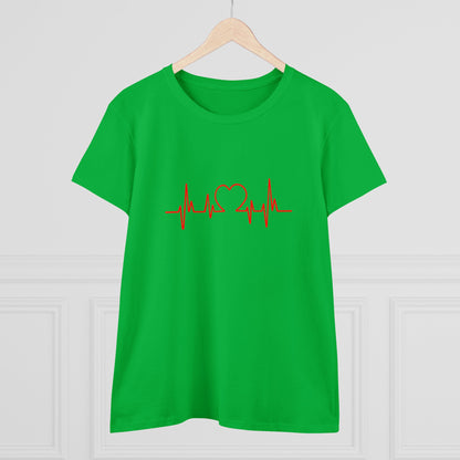Green Printify t-shirt with red heartbeat graphic t-shirt design featuring a heart in the center