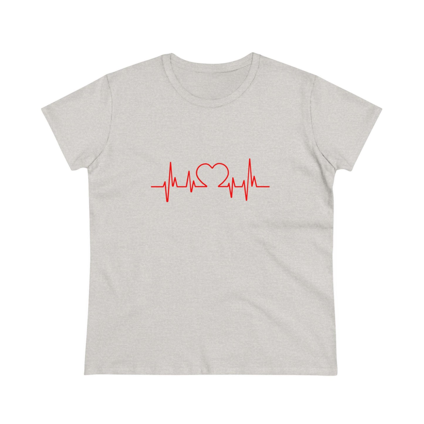 Light gray heartbeat graphic t-shirt with red heart and heartbeat line design by Printify