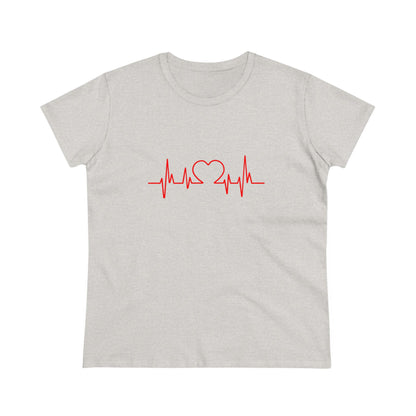 Light gray heartbeat graphic t-shirt with red heart and heartbeat line design by Printify