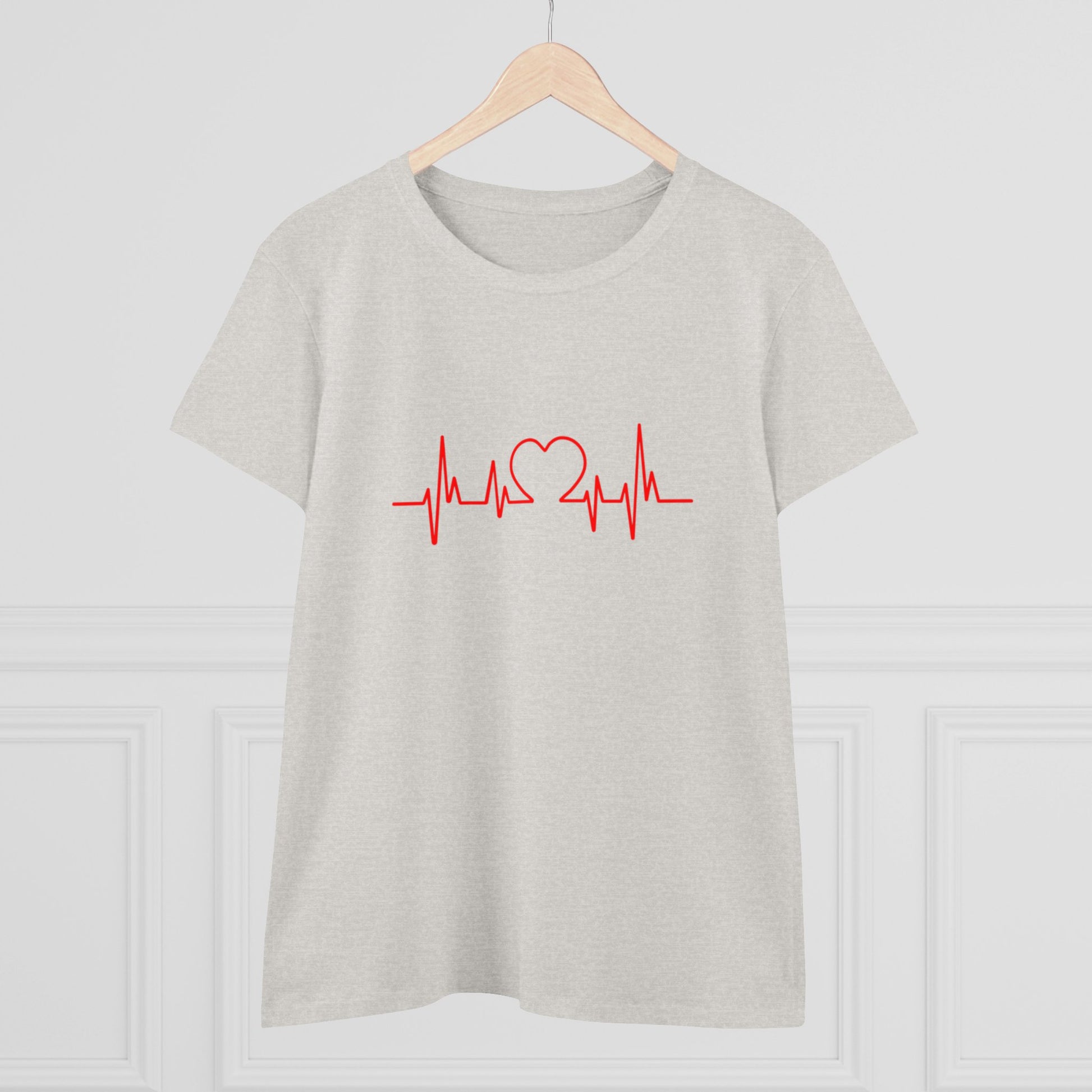 Light gray Printify heartbeat graphic t-shirt with red heart and pulse line design on front