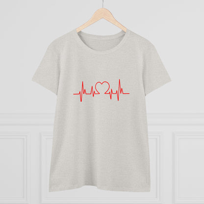 Light gray Printify heartbeat graphic t-shirt with red heart and pulse line design on front