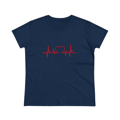 Navy Printify heartbeat graphic t-shirt with red heart and heartbeat line design on front