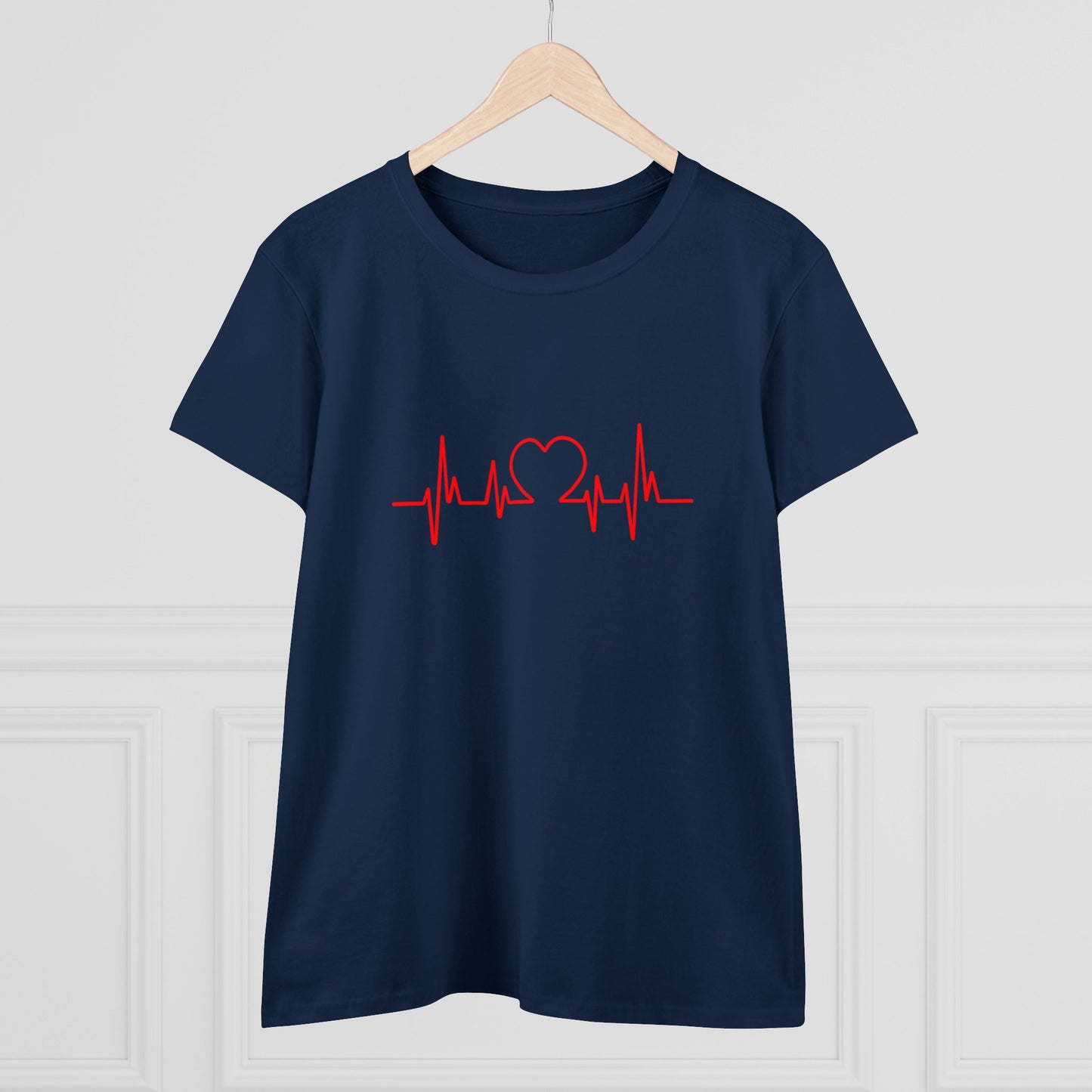 Navy blue heartbeat graphic t-shirt with red heart and pulse line design by Printify