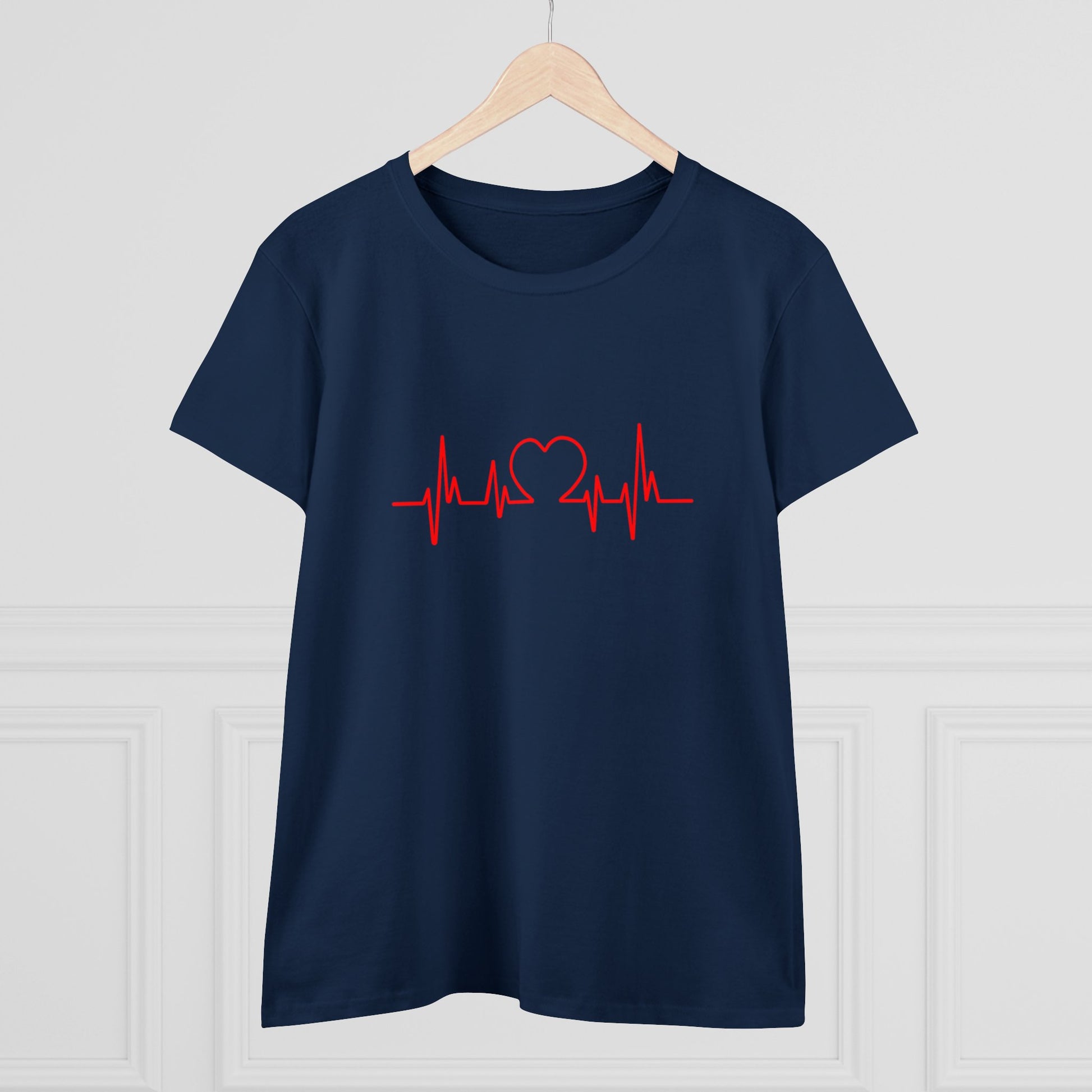 Navy blue heartbeat graphic t-shirt with red heart and pulse line design by Printify