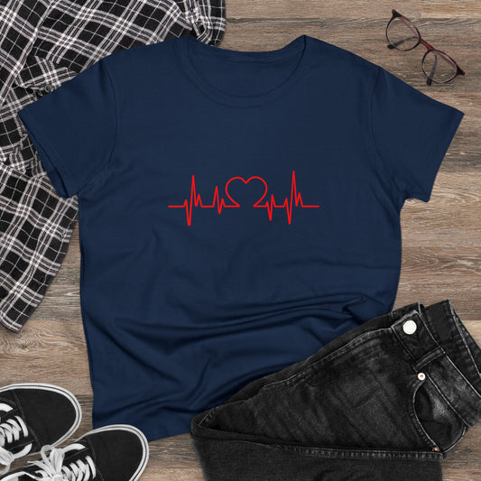 Navy blue heartbeat graphic t-shirt with a red heart and heartbeat line design from Printify