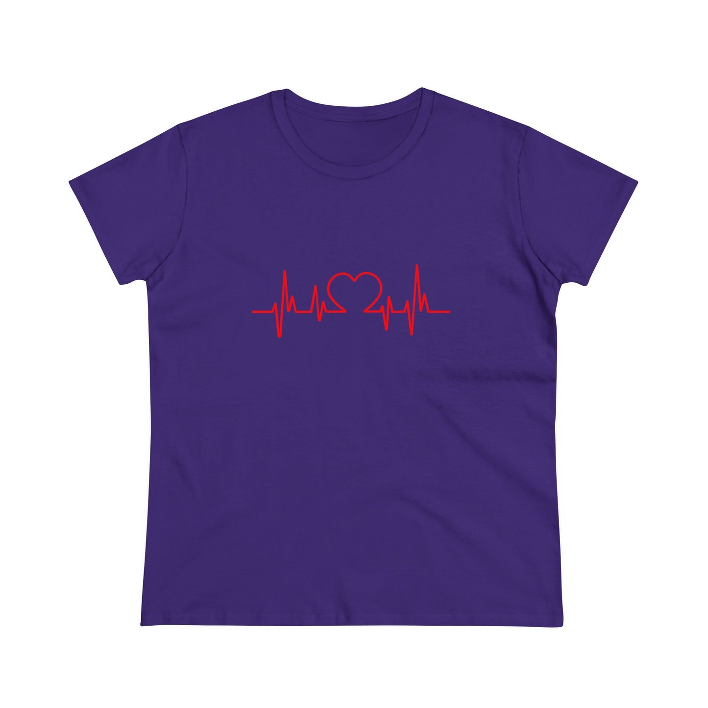 Purple Printify t-shirt with red heartbeat graphic t-shirt design featuring a heart in the center