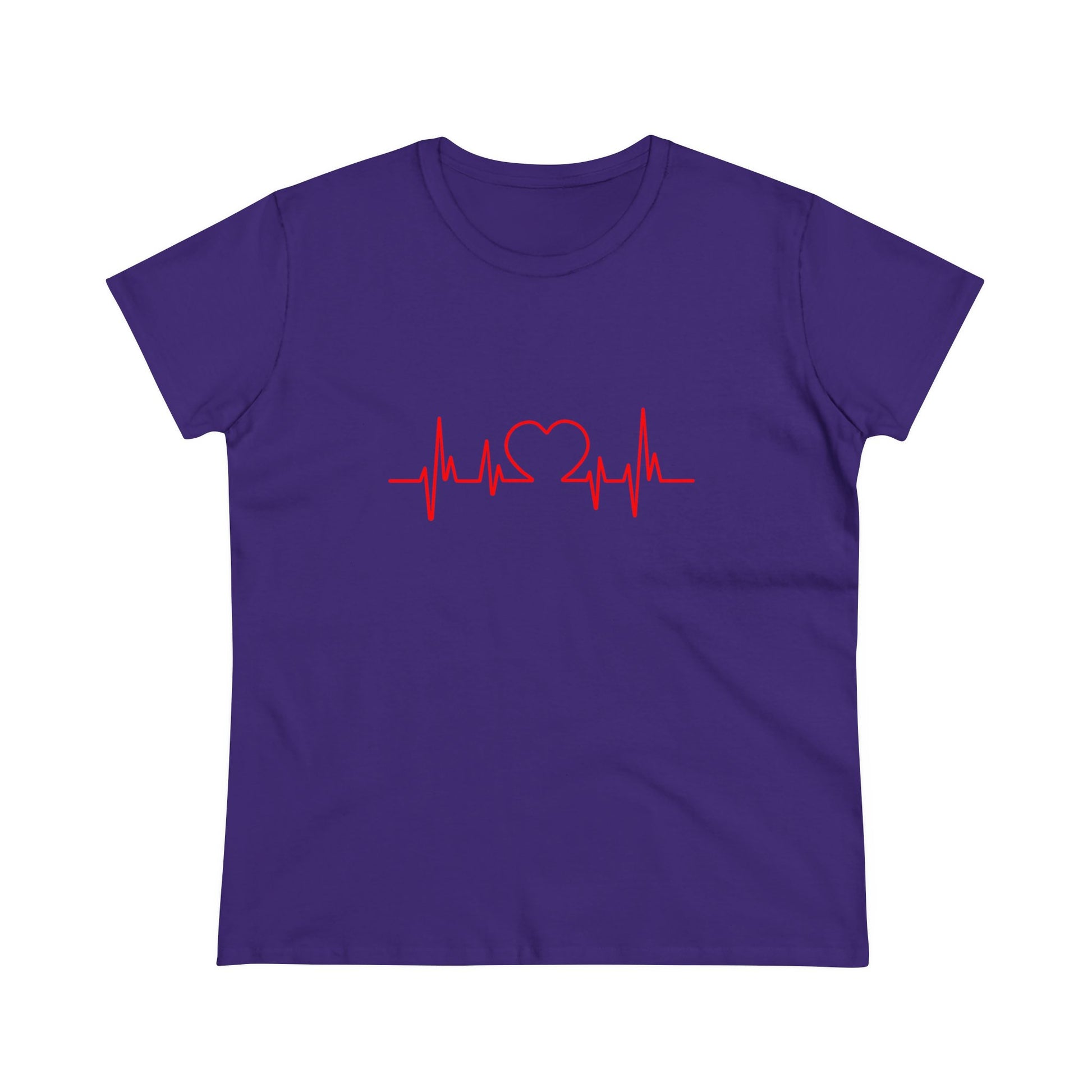 Purple Printify t-shirt with red heartbeat graphic t-shirt design featuring a heart in the center