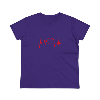 Purple Printify t-shirt with red heartbeat graphic t-shirt design featuring a heart in the center